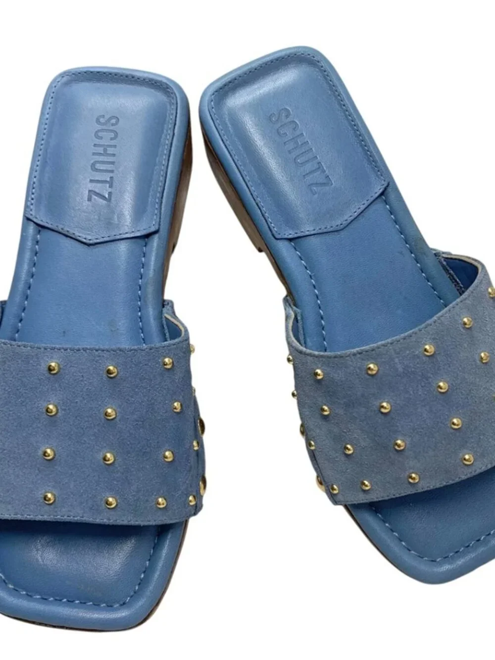 SCHUTZ Summer Jean Blue Suede Studded Wooden‎ Clog Slides